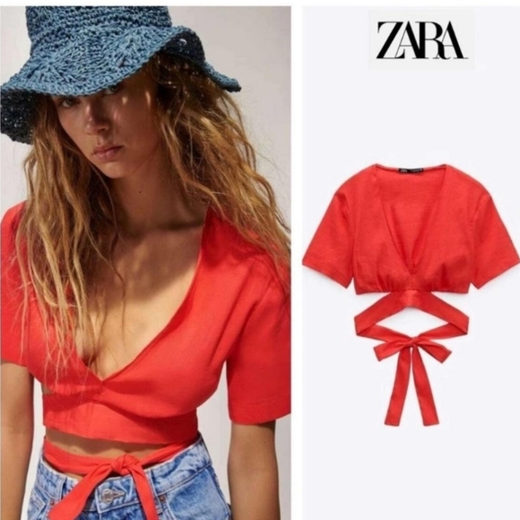 ZARA cropped wrap top L red short sleeve v-neck blouse - Picture 1 of 4